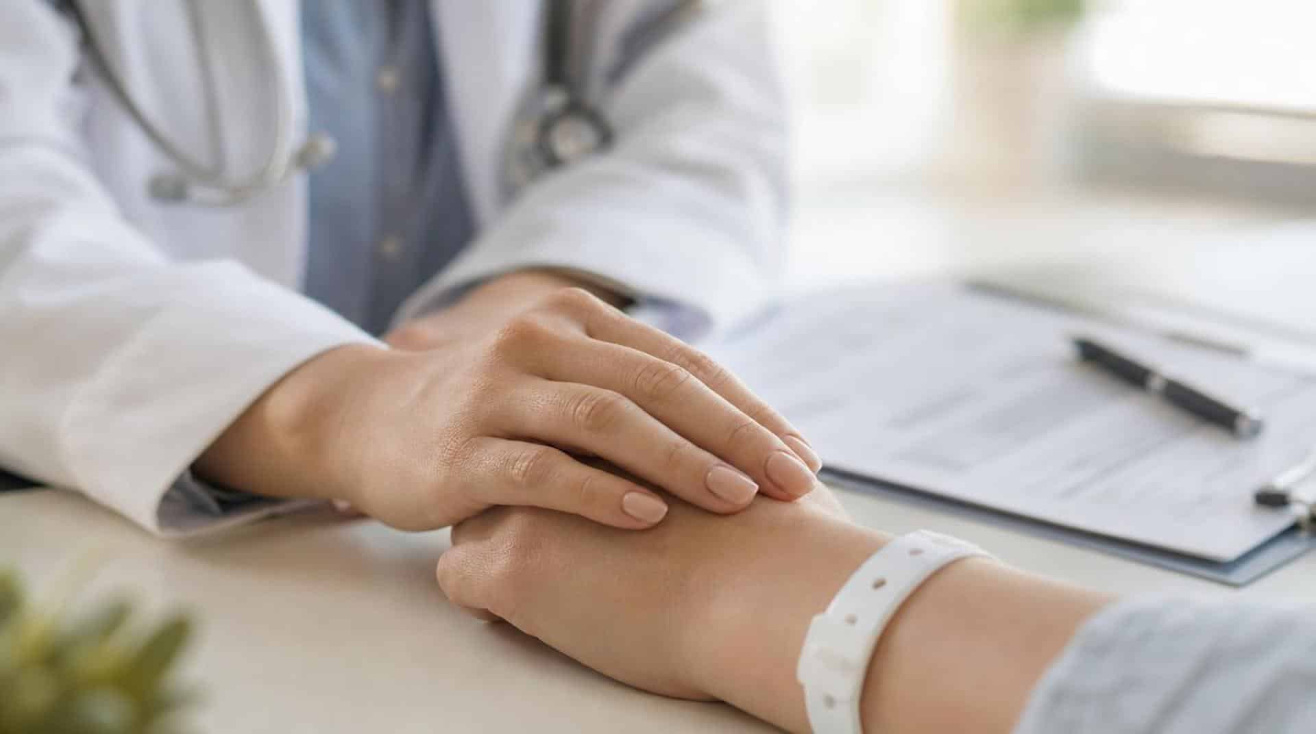 A doctor rests their hand on a patients hand at a desk next to a clipboard and a pen.